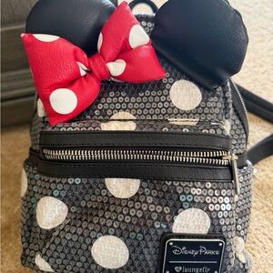 Disney Black and White Polka Dot Backpack with Red Bow